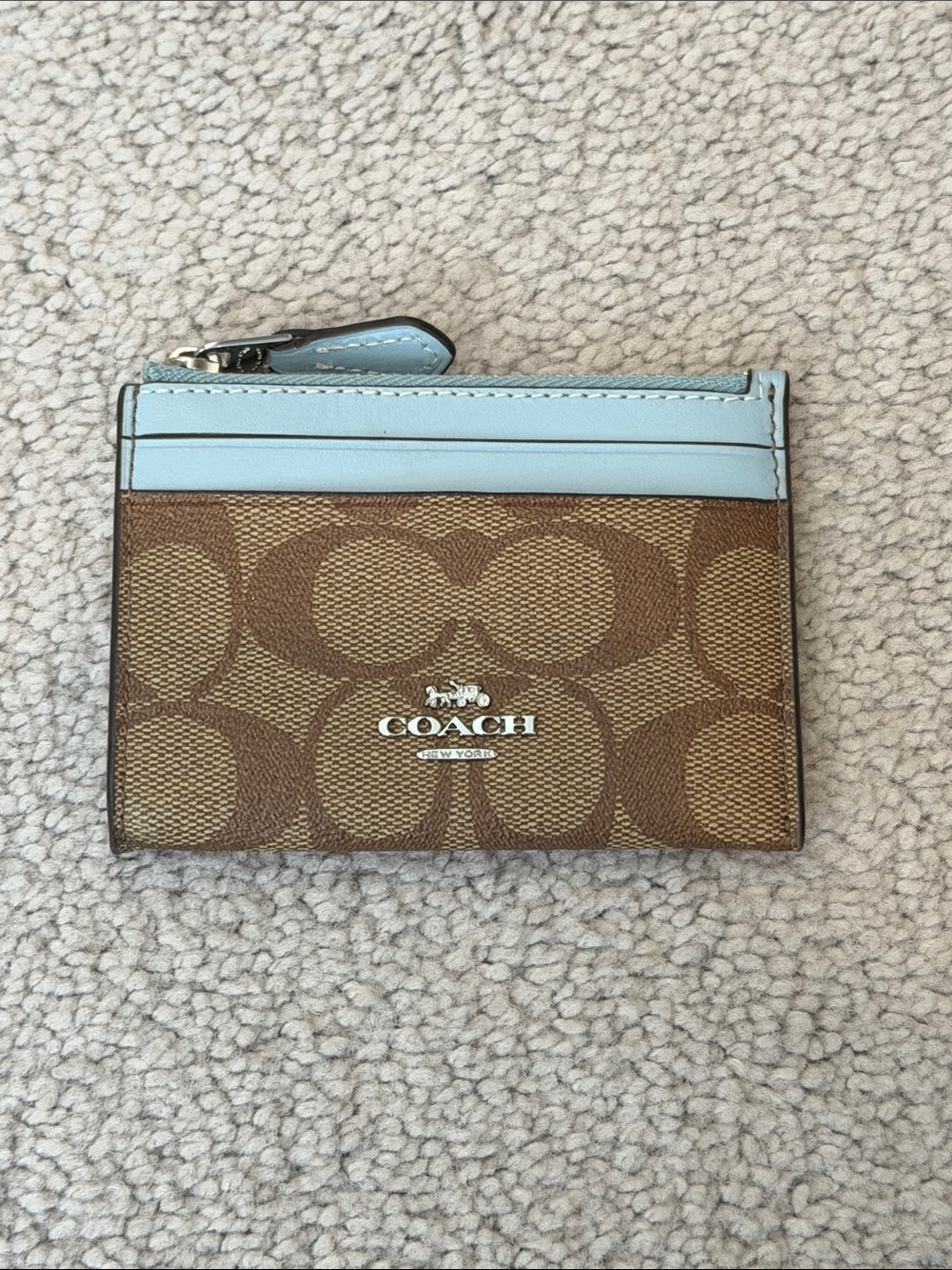 Coach Brown Signature Card Holder with Light Blue Trim
